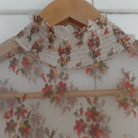 Free People Mesh Layering Top Reversable Floral Permanent Lined Ruched Shirt L - Picture 7 of 7